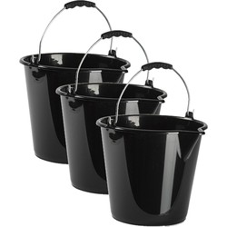 3x stuks huishoud schoonmaak emmers kunststof zwart 9 liter inhoud 30 x 26 cm - Emmers