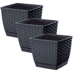 Prosperplast Plantenpot - 3x - rotan kunststof - 19 x 16 cm - antraciet - Plantenpotten