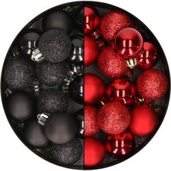 28x stuks kleine kunststof kerstballen zwart en rood 3 cm - Kerstbal