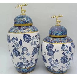 Fine Asianliving Chinese Gemberpot Porselein Blauw Wit met Gouden