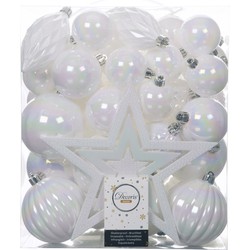 Set van 55x stuks kunststof kerstballen incl. ster piek parelmoer wit - Kerstbal