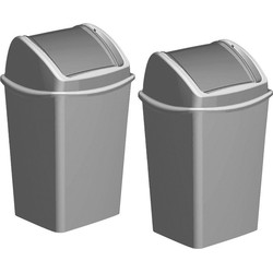 Hega Hogar Vuilnisbak - 2x - deksel - grijs - 15L - 25 x 29 x 45 cm - Prullenbakken