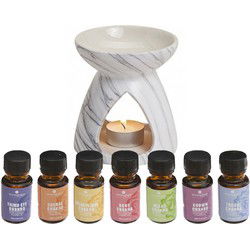 Geurbrander/oliebrander met geurolie chakra mix - 7 flesjes - wit design - D10 x 11 cm - Geurbranders