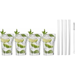 4x Cocktailglazen / Mojito glazen transparant 410 ml met glazen rietjes - Cocktailglazen