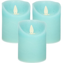 3x Aqua blauwe LED kaarsen / stompkaarsen met bewegende vlam 10 cm - LED kaarsen