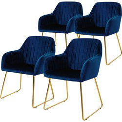 Eetkamerstoel set van 4 Gevoerde quilting met rugleuning en armleuningen Blauw Keukenstoel met microvezel fluwelen bekleding & goudkleurige metalen poten ML design