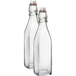 Bormioli Rocco beugelfles/weckfles - 2x - 1 liter - glas - vierkant - water/olie/azijn/sapjes - Weckpotten