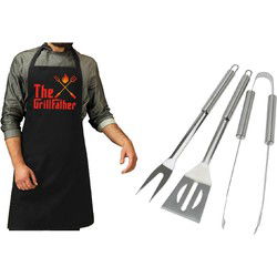 BBQ/barbecue gereedschap set 3-delig RVS met zwart schort The GrillFather - Barbecuegereedschapset