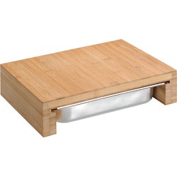 FSC® Bamboe Houten Snijplank met 1 RVS Lade - 2in1 Verhoogde Snij Plank met 1 RVS Uitschuifbare laden aan de Voorkant (Opvangbakken) - Afm. 37.5 x 27.5 x 9.5 Cm.