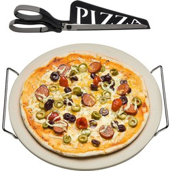 Keramische pizzasteen rond 33 cm met handvaten en zwarte pizzaschaar - Pizzaplaten