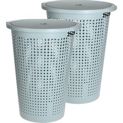 2x stuks kunststof wasmand met deksel rond mintgroen 35 liter 40 x 52 cm - Wasmanden