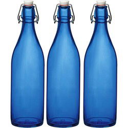 Bormioli rocco waterfles beugeldop - 3x - blauw transparant - 1000 ml - Waterflessen