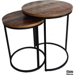 Benoa Dacono Iron Round Nesting Table Wooden Top (Set of 2) 46/39 cm