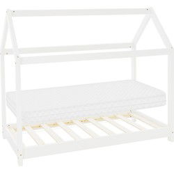 Kinderbed huisbed 70x140 cm wit gemaakt van grenenhout incl. matras H-10cm houten bed met dak en lattenbodem ML design