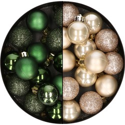 28x stuks kleine kunststof kerstballen donkergroen en champagne 3 cm - Kerstbal