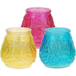 Windlicht geurkaars - 3x - geel/blauw/roze glas - 48 branduren - citrusgeur - geurkaarsen