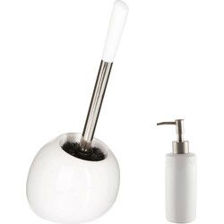 WC-/toiletborstel en houder - wit - met zeeppompje 400 ml - Badkameraccessoireset