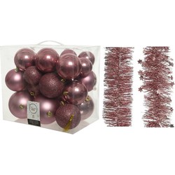 Kerstversiering kunststof kerstballen 6-8-10 cm met folieslingers pakket oud roze van 28x stuks - Kerstbal