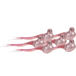 6x stuks kunststof decoratie vogels op clip roze glitter 21 cm - Kersthangers