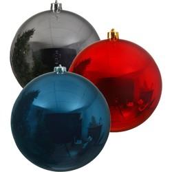 Kerstversieringen set van 6x grote kunststof kerstballen blauw-zilver-rood 14 cm glans - Kerstbal