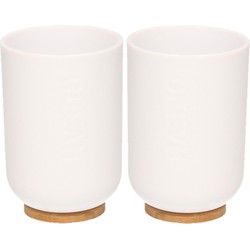 Badkamer beker/tandenborstel houder - 2x - wit - kunststof/bamboe - Badkameraccessoireset