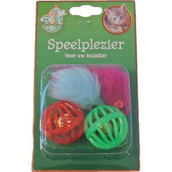 Kattenspeelgoed blisterpak 2 plastic bal en 2 bontmuis 5 cm