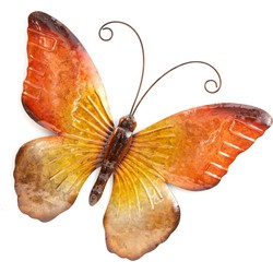 Anna's Collection Wanddecoratie vlinder - oranje - 44 x 32 cm - metaal - muurdecoratie/schutting - Tuinbeelden