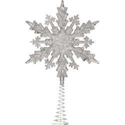 Kunststof kerstboom platte sneeuwvlok piek glitter zilver 20 cm - kerstboompieken