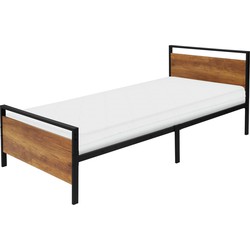 Metalen bed 90x200 cm zwart met lattenbodem en matras met houten hoofdbord en voeteneind ML design