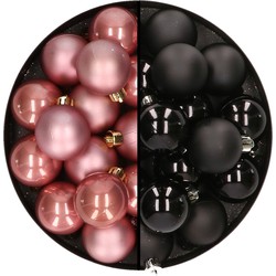 32x stuks kunststof kerstballen mix van oudroze en zwart 4 cm - Kerstbal