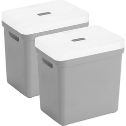 Set van 2x opbergboxen/opbergmanden lichtgrijs van 25 liter kunststof met transparante deksel - Opbergbox