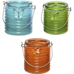 Citronella kaars - in windlicht - 3x - blauw/groen en oranje - 20 branduren - citrusgeur - geurkaarsen