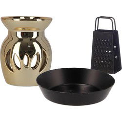 Amberblokjes/geurblokjes cadeau set - geurbrander/mini rasp/schaaltje - goud/zwart - keramiek - Geurbranders