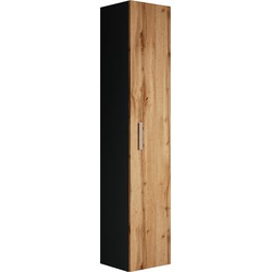 Badplaats Badkamerkast Pluto 30 x 30 x 150 cm - Eiken met Zwart -Hangende Badkamerkasten Hoog met 1 Deur