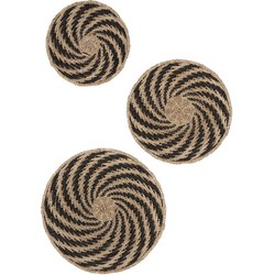 MUST Living Wall panel Whirl BLACK, set of 3,Ø41x11 cm / Ø51x13 cm / Ø61x14 cm, Natural / Black, seagrass