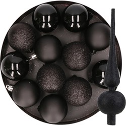 12x stuks kunststof kerstballen 6 cm inclusief glitter piek zwart - Kerstbal