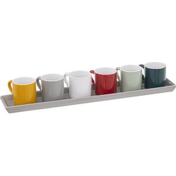 Espresso/koffie kopjes set - 6x - met dienblad - aardewerk kopjes - 90ml - diverse kleuren - Koffie- en theeglazen