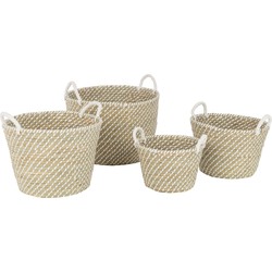 J-line - Set Van 4 Mand Rond Handvatten Stro Naturel/wit - 47x48x42cm