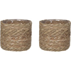 2x stuks naturel bruin rotan planten pot mand van gedraaid jute/riet H14 en D14 cm - Plantenpotten