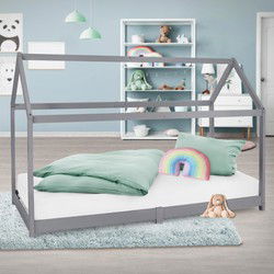 Kinderbed Huisbed 90x200 cm lichtgrijs gemaakt van dennenhout Houten bed met dak en lattenbodem ML design
