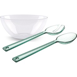 Salade serveer schaal - transparant - kunststof - Dia 27 cm - inclusief sla couvert/bestek - Serveerschalen