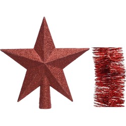 Kerstversiering kunststof glitter ster piek 19 cm en folieslingers pakket rood van 3x stuks - kerstboompieken