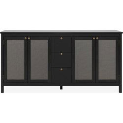 Buffet 4 deuren en 3 laden zwart en riet L180 cm - KRAKOW