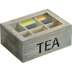 6-vaks grijs Tea theedoosje/theekistje van hout 16 x 21,7 x 9 cm - Theedozen