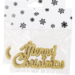 12x stuks Merry Christmas kersthangers goud van kunststof 10 cm - Kersthangers