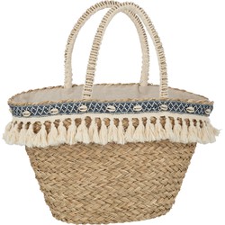 J-line - Strandtas Kwasten+schelpen Zeegras Nat/blauw - 58x19x30cm