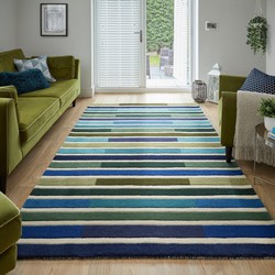 Piano vloerkleed - Laagpolig - 100% Wol - Driehoek Modern - Groen / Blauw