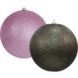 Kerstversieringen set van 2x extra grote kunststof kerstballen zwart en roze 25 cm glitter - Kerstbal