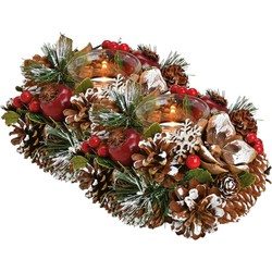 2x stuks kerst thema kaarsenhouders ornament bruin/rood van hout 18 cm - Waxinelichtjeshouders