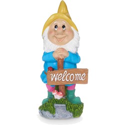 Giftdecor Tuinkabouter beeldje met Welcome bord - Polyresin - muts geel - 27 cm - decoratie dwerg - Tuinbeelden